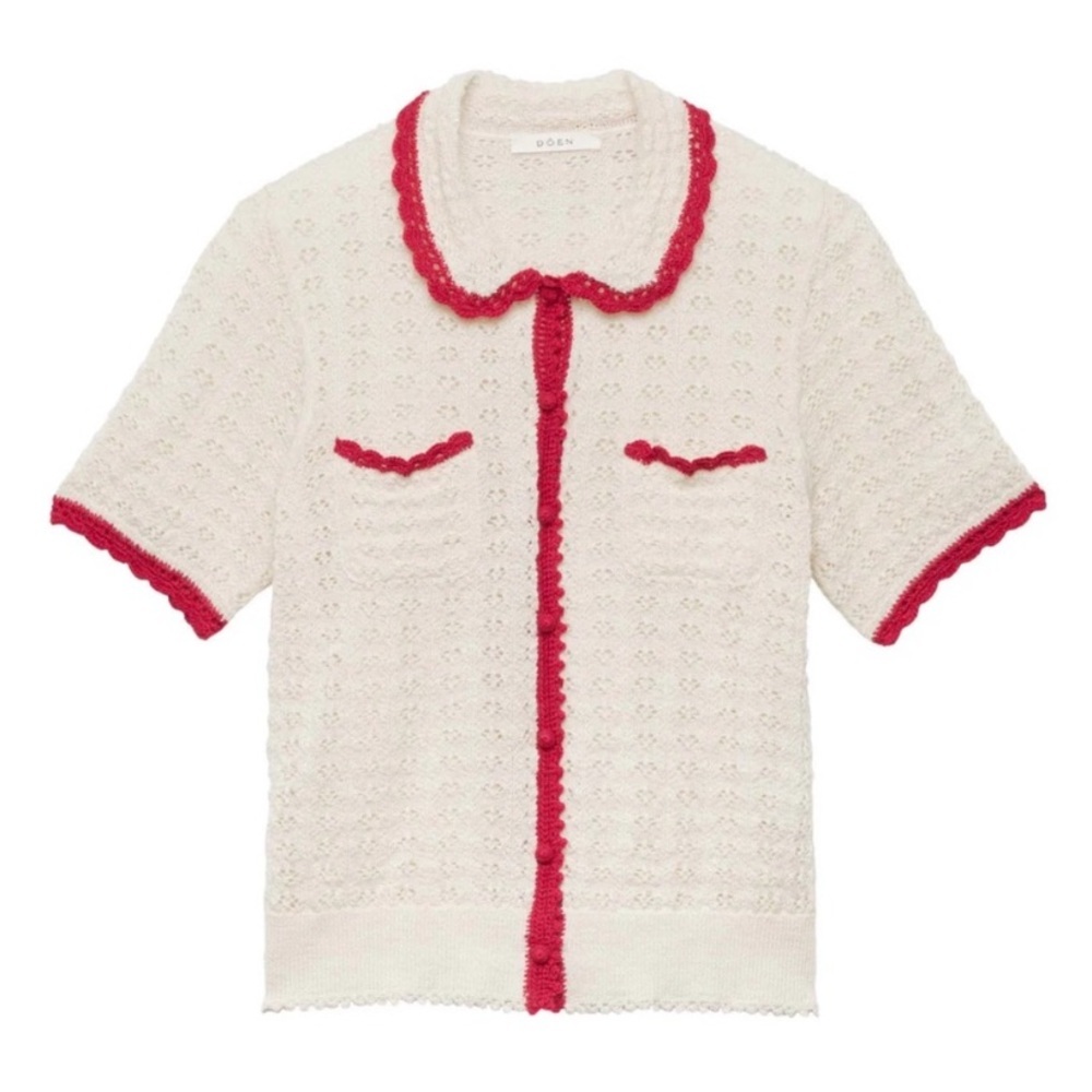 Doen Gloriana Alpaca Silk Collar Crochet Knit Button Sweater Top Moonstone Red - Picture 14 of 14